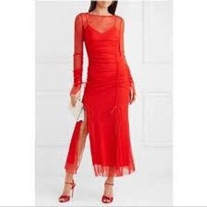 DIANE VON FURSTENBERG Red Lace Ruched Sheer Sleeve Maxi Dress Size 8
